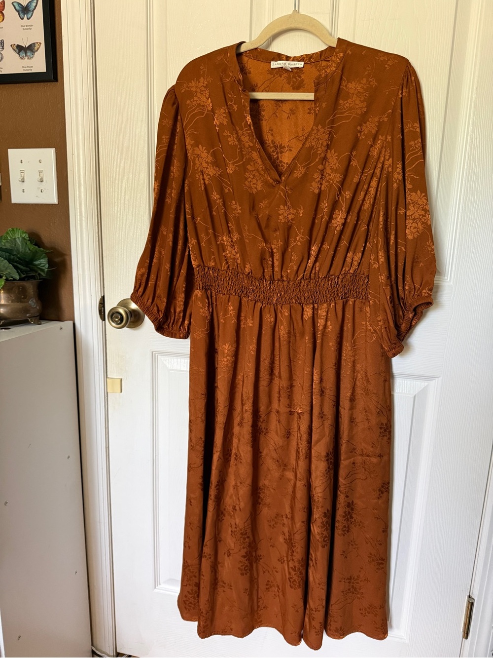 Sandra Darren Burnt Orange Silky Floral Midi Boho Dress for Fall / Size 14W